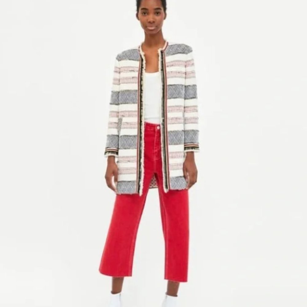 NWOT - Zara Woman Beaded Sequin Tweed Open Coat in Cream Stripe